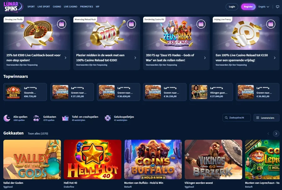 Lunar Spins Hoofdpagina met Slots en Bonussen