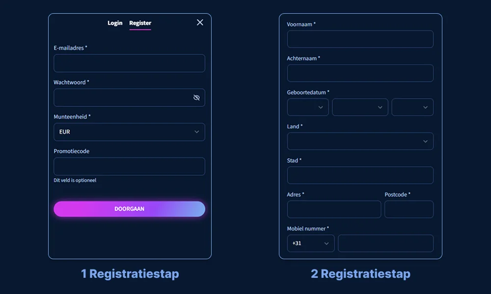 Lunar Spins Registratievenster met twee stappen