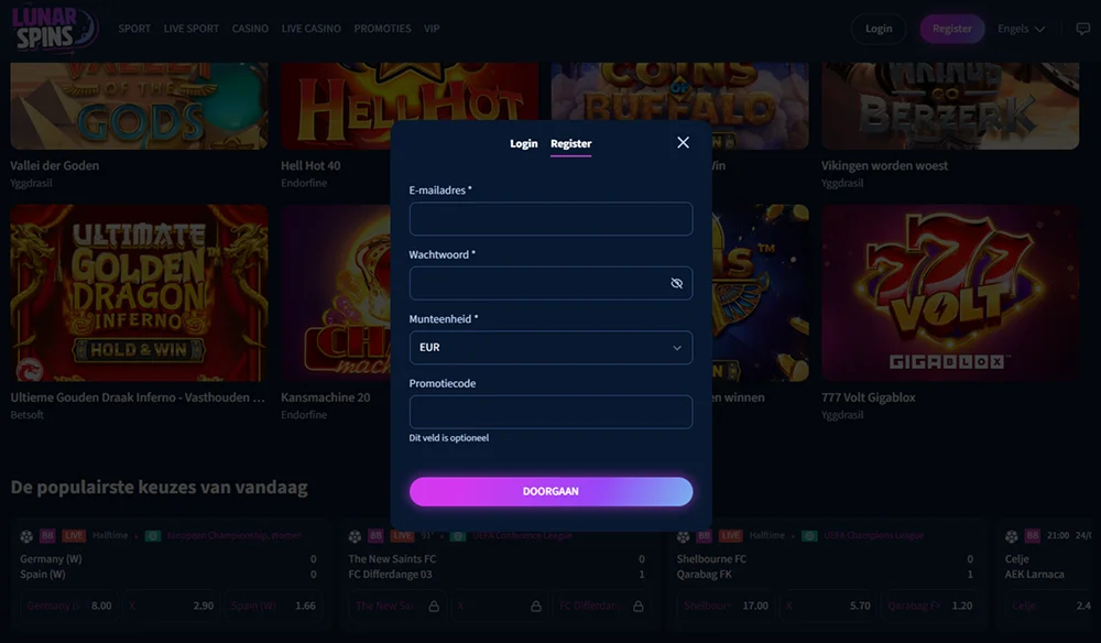 Registratievenster voor Lunar Spins Casino