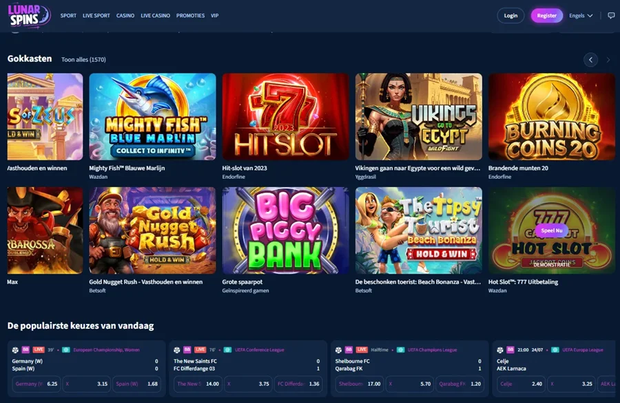 LunarSpins-pagina met gokkasten en sportsectie